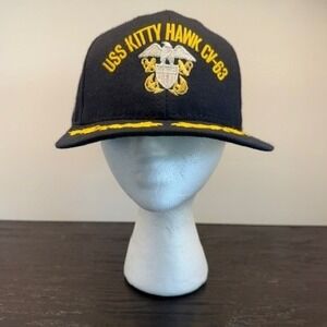 Vintage USS Kitty Hawk CV-63 Hat California Headwear Navy Blue Snapback USA Made